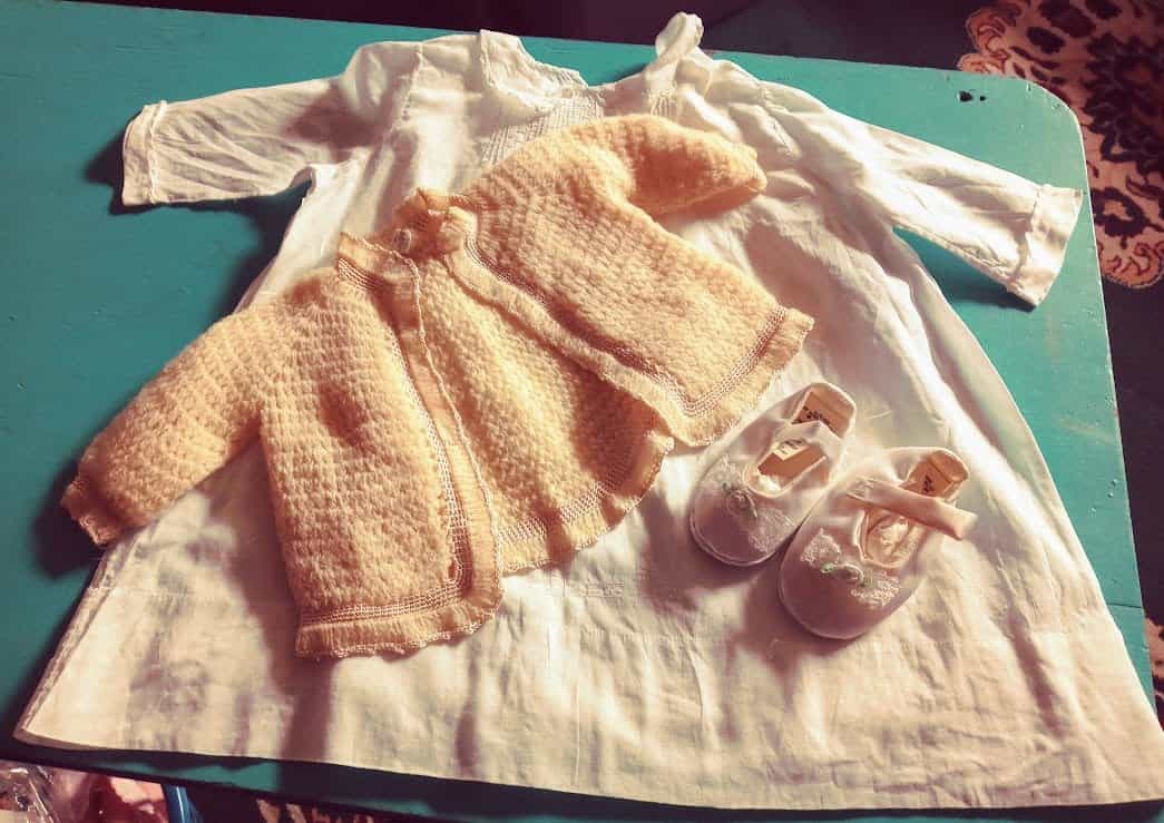 Vintage Smocked Dress with slip Wool Sweater made in occupied Japan and slippers