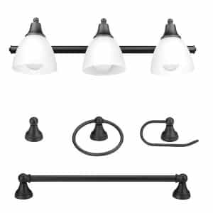 Globe Electric 51227 Jayden 3-Light Oil Rubbed Bronze Vanity Light with Frosted Glass Shades and 4-Piece Bath Set