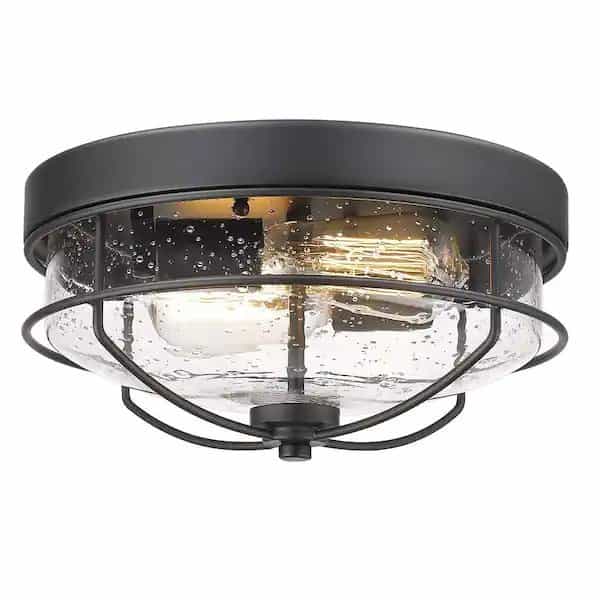 JAZAVA HD5HTJ7-F BKDM 12 in. 2-Light Farmhouse Black Ceiling Light Fixture with Seeded Glass Shade Flush Mount