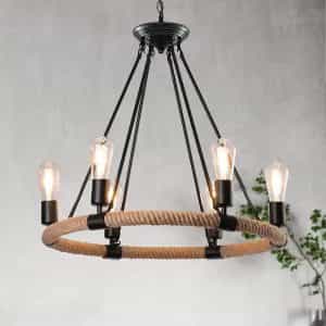 YANSUN H-DZ011(N1) 6-Light Black Vintage Hemp Rope Wheel Chandelier