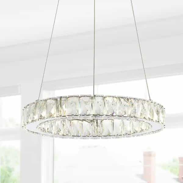 JONATHAN Y JYL7218A Reese 15.7 in. Chrome/Clear Adjustable Integrated LED Metal/Crystal Chandelier Pendant