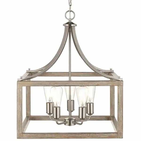 Hampton Bay 7949HBBNDI Boswell Quarter 20 in. 5-Light Brushed Nickel Farmhouse Square Pendant Chandelier with Weathered Wood Accents