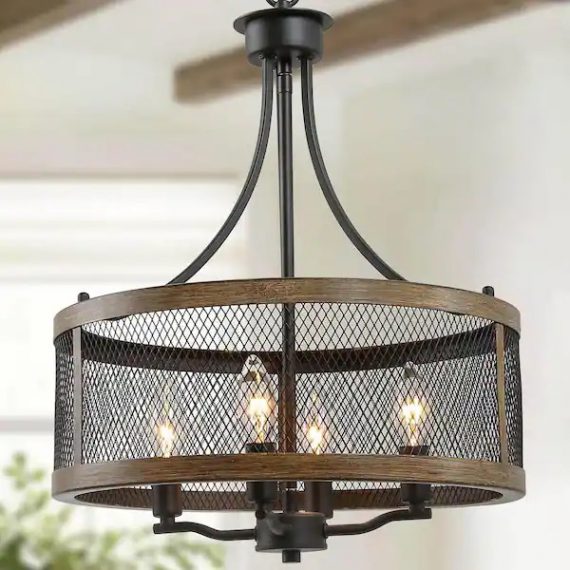 laluz-llif3ihl13559na-black-drum-chandelier-4-light-candlestick-dark-brown-farmhouse-round-pendant-with-open-cage-frame-and-wood-accent