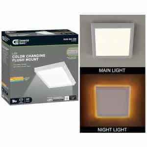 Commercial Electric 564151110 Low Profile 9 in. White Square LED Flush Mount with Night Light Feature J-Box Compatible Dimmable 900 Lumens