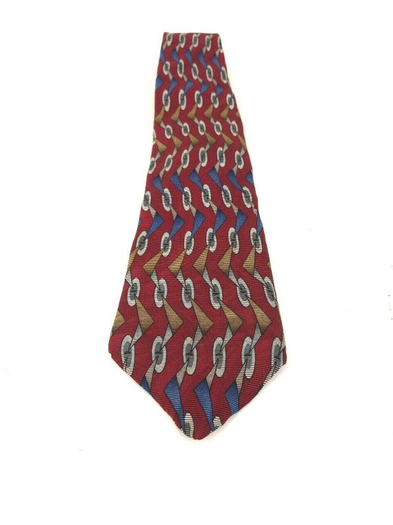 William Marks Red Handmade Tie Geo Print 100% Silk 58 in