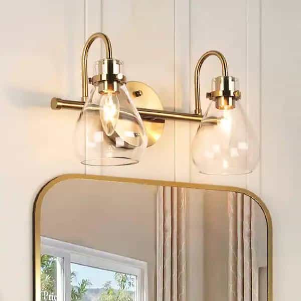 Uolfin 27FJYEHD23786E2 Modern Teardrop Bedroom Wall Sconce 2-Light Electroplated Brass Bell Bathroom Vanity Light with Clear Glass Shades