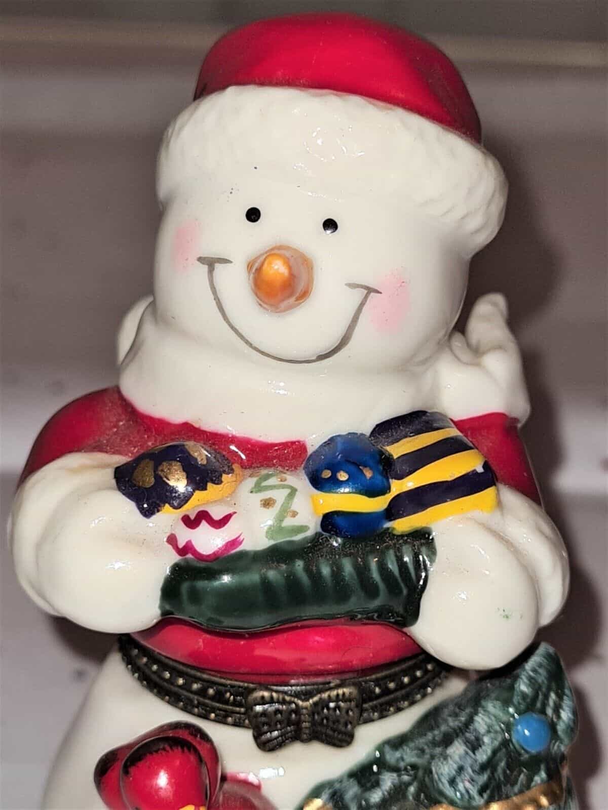 Santa Snowman Mini Ceramic Hinged Trinket Pill Box 3.75″ Tall 2″ wide Vintage