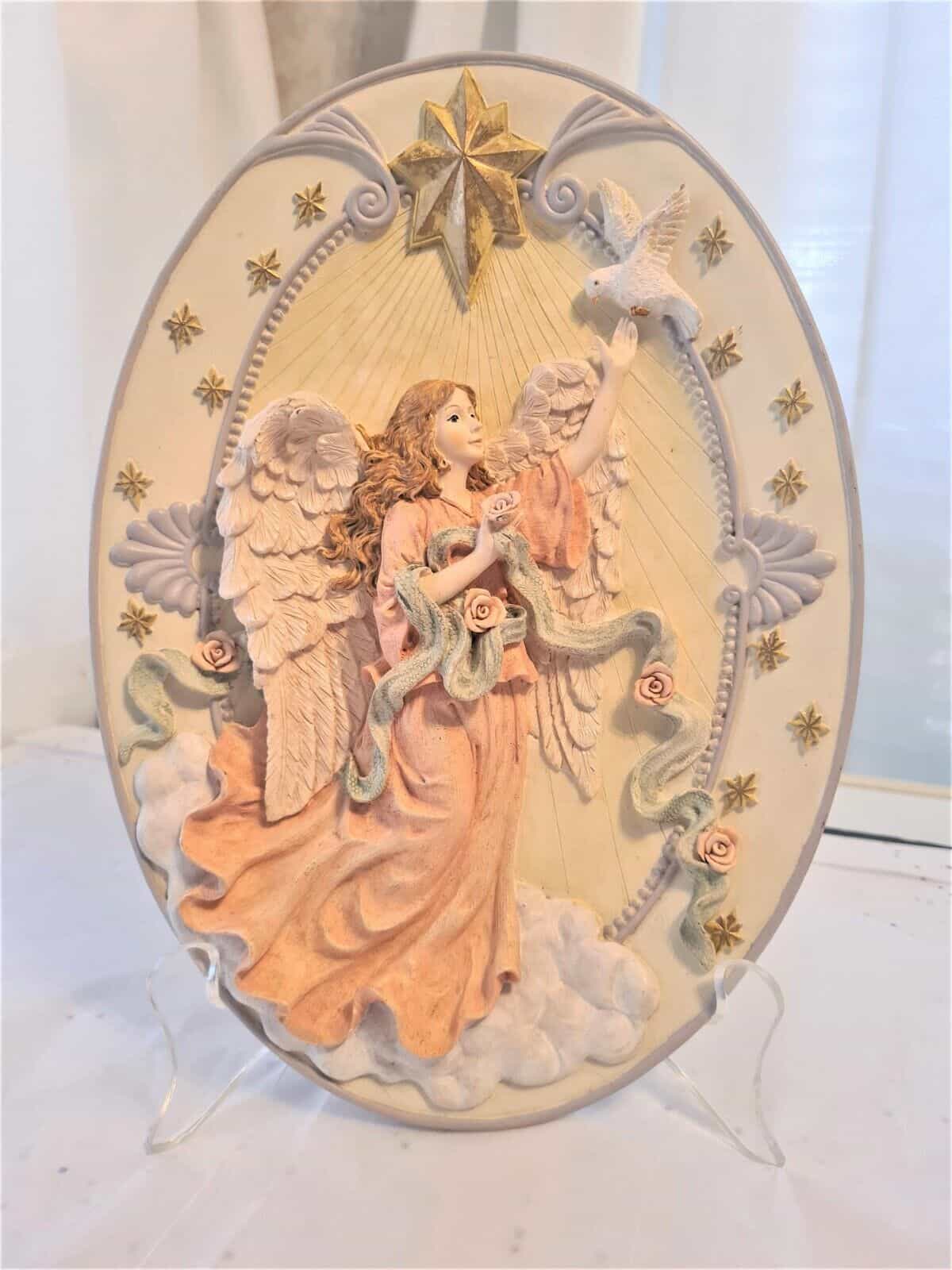 Vintage Angel On A Cloud With Dove 3D Oval Wall Plaque Gold Stars Resin       ET