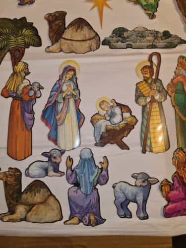 Vintage 25 Piece Laminated Christmas Nativity Die Cut Set from 2-10″