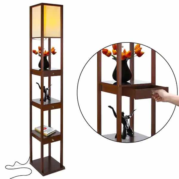 Brightech N3-YGGY-YX0C Maxwell 72 in. Havana Brown LED Skinny Shelf Floor Lamp with Drawers