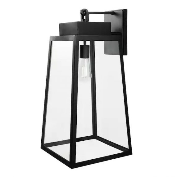 hampton-bay-w2205-41-corbin-large-25-in-modern-1-light-black-hardwired-outdoor-tapered-wall-lantern-sconce-with-clear-glass