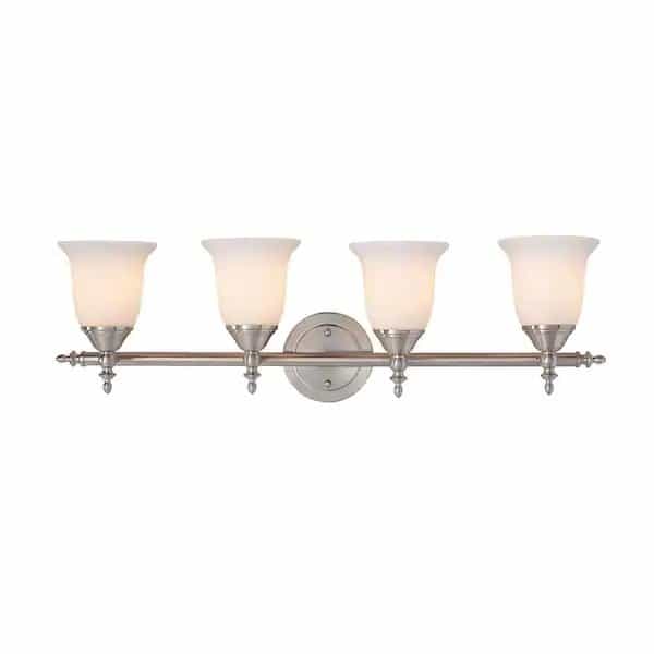 Hampton Bay NB49302 Olgelthorpe 4-Light Brushed Nickel Bathroom Vanity Light Fixture with Bell Shaped Frosted Glass Shades