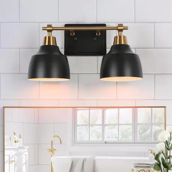lnc-ie7v7rhd160w2w8-modern-14-5-in-2-light-black-vanity-light-with-brass-plated-metal-arm-and-bell-shades-for-bathroom-round-arched-mirror