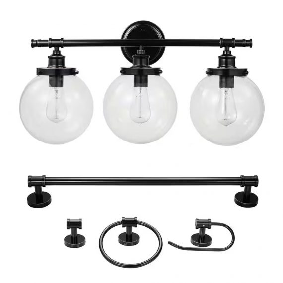 globe-electric-51523-milan-25-9-in-3-light-oil-rubbed-bronze-vanity-light-with-clear-glass-shades-and-bath-set-5-piece-bulbs-included