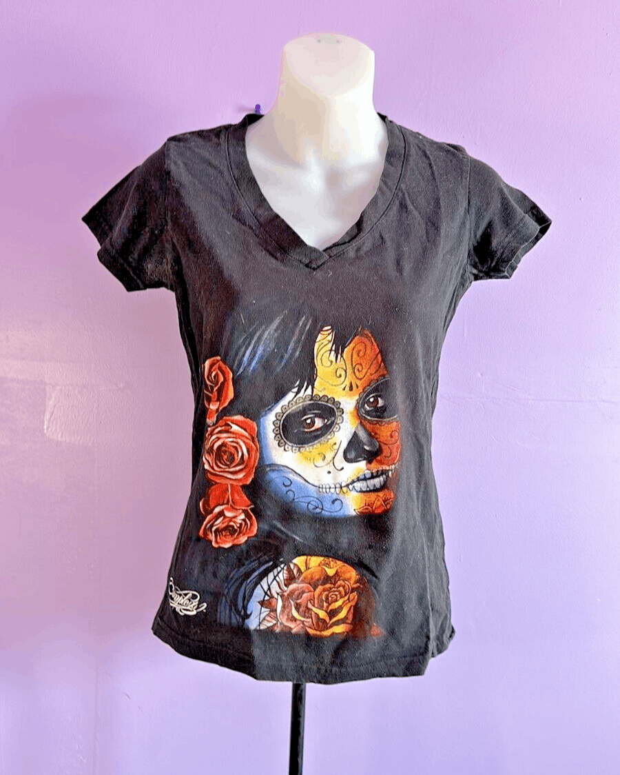 day-of-the-dead-tee-shirts-by-complex-size-small-v-neck-cap-sleeves-black