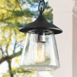LNC SZVMQHS13355JJF Modern Farmhouse Black Outdoor Pendant Light for Covered Porch Gazebo, 1-Light Hanging light with Seeded Glass Shade