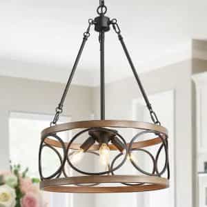 LNC FQ2UMVHD13524Y6 Brown Drum Chandelier, 4-Light Black Cage Farmhouse Chandelier Dining Room Pendant Light with Wood Accents