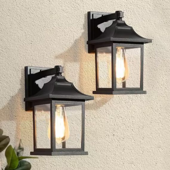 lnc-y7bzjrhd1748do8-classic-black-outdoor-wall-lantern-sconce-contemporary-1-light-hardwired-wall-light-with-clear-glass-shade-2-pack