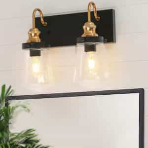 Uolfin P7NNYRHD23798I3 Modern Industrial Bathroom Wall Sconce 2-Light Black and Gold Transitional Bell Vanity Light with Clear Glass Shades