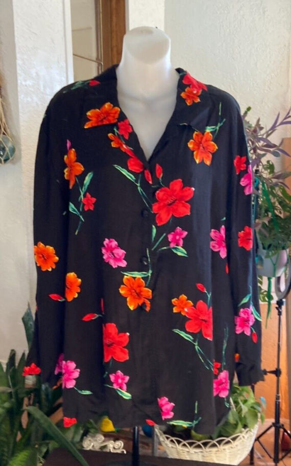 Blair Boutique Black Floral Button Down Long Sleeve Blouse/Top Size XL