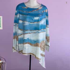 Blue Ocean Pattern Top Scoop Neck Long Sleeve Pullover Size XXL