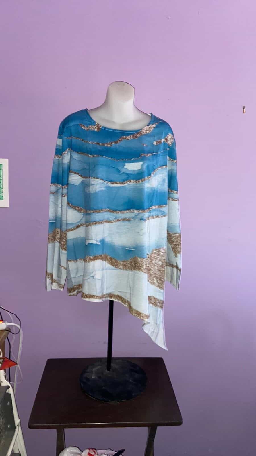 Blue Ocean Pattern Top Scoop Neck Long Sleeve Pullover Size XXL