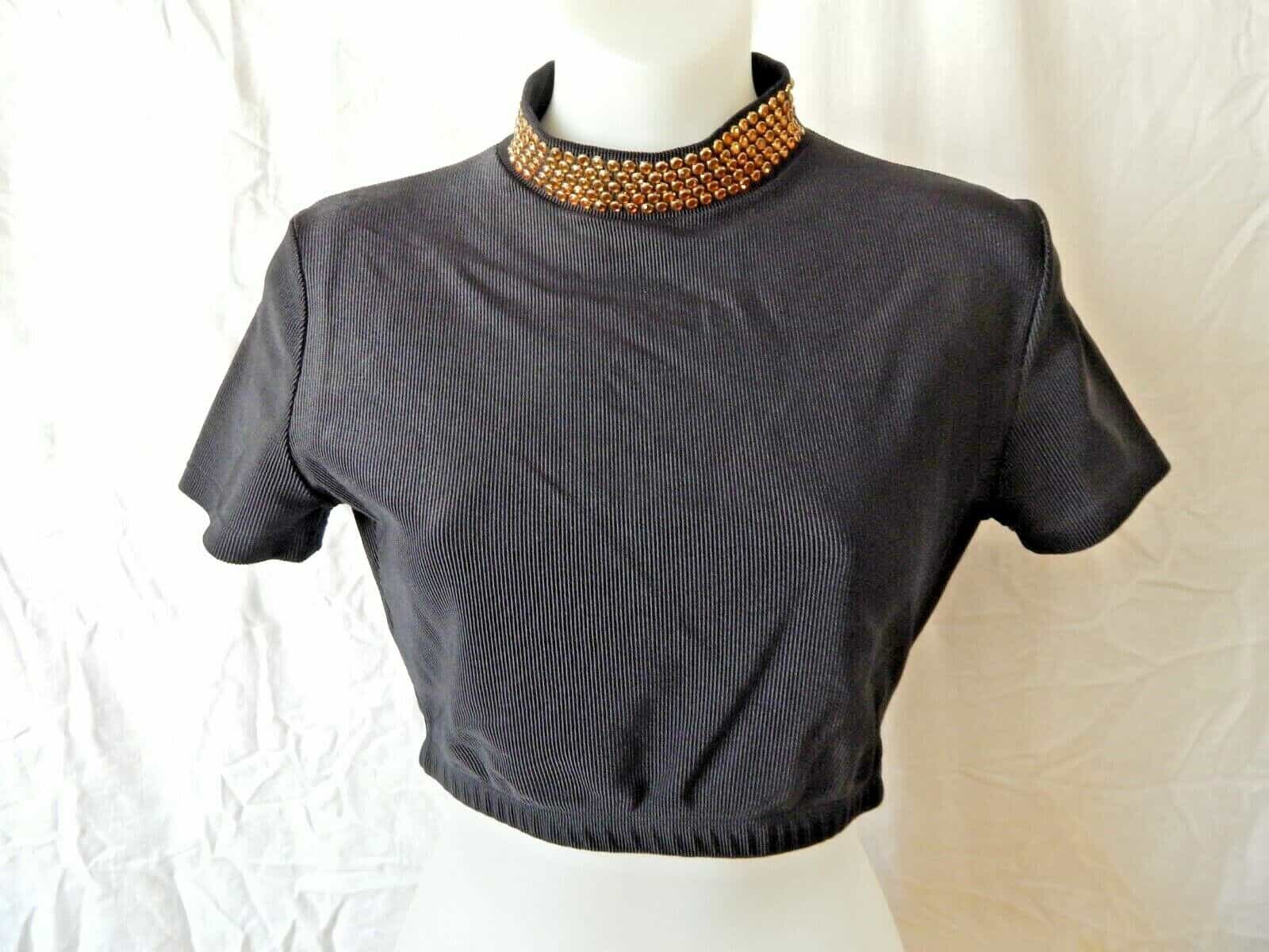 Dance France  Black Ribbed Crop Top Orange Crystal Embellishments Size Medium