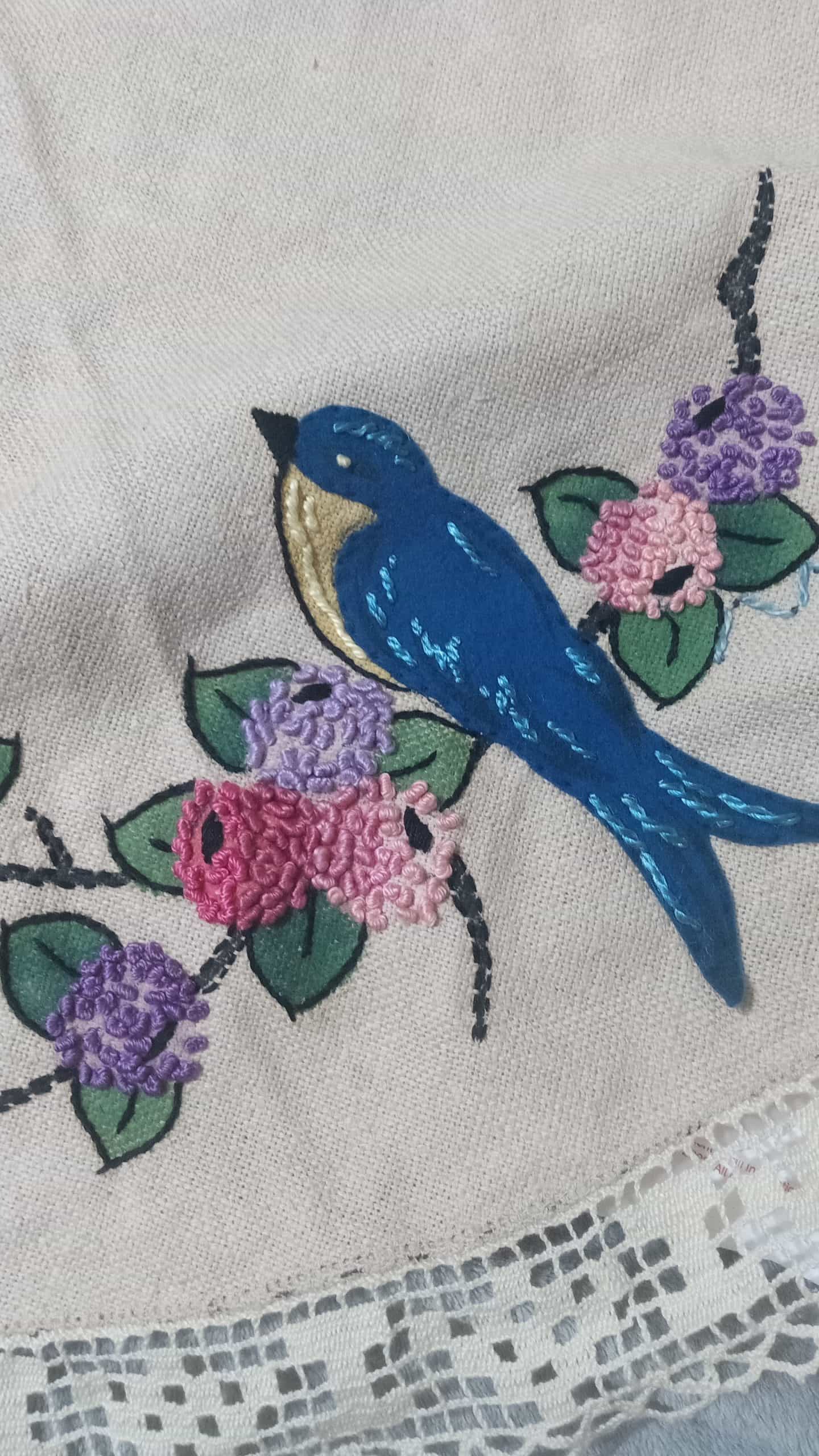 Hand sewn bird round table cloth