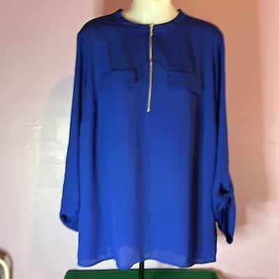 I.N.C. International Concept Royal Blue Blouse Half Zip Tab Sleeves