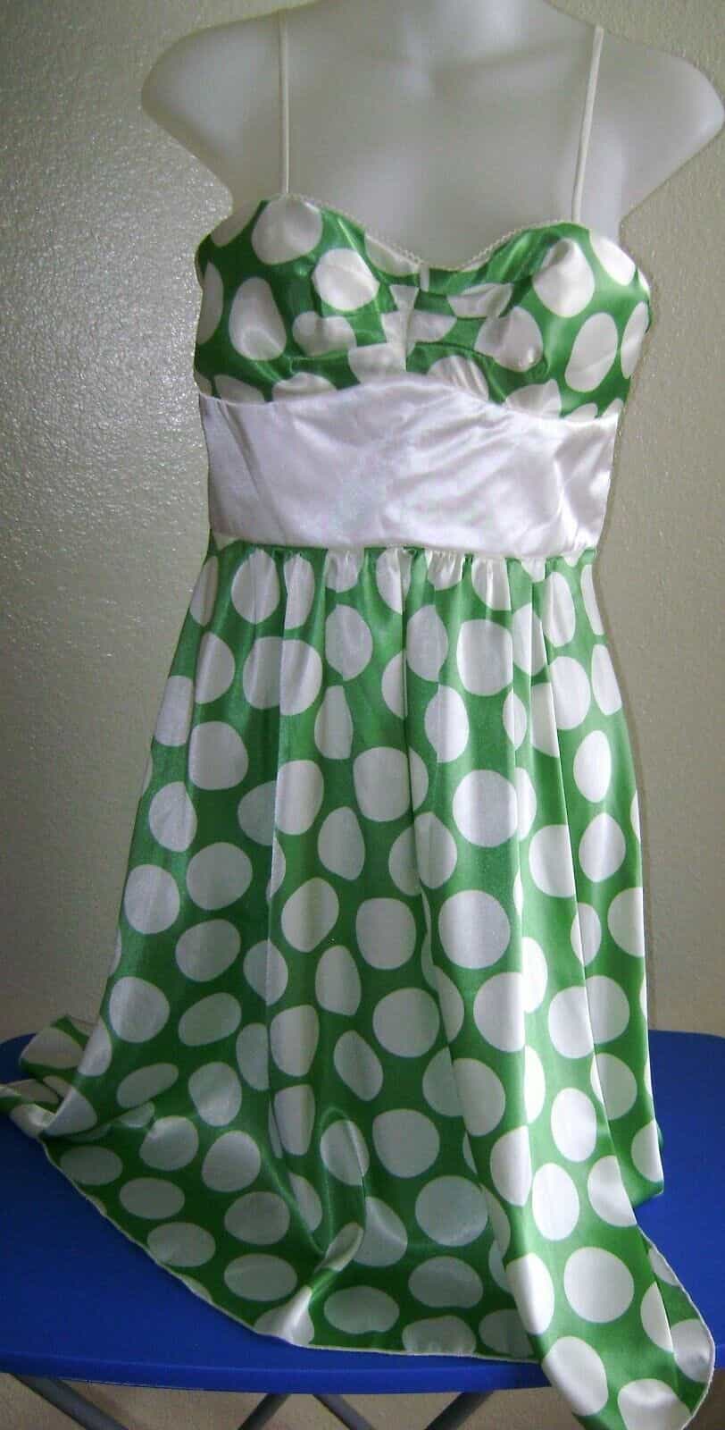 I.N San Francisco Satin Cocktail Dress Green w/White Polka Dots Size 7