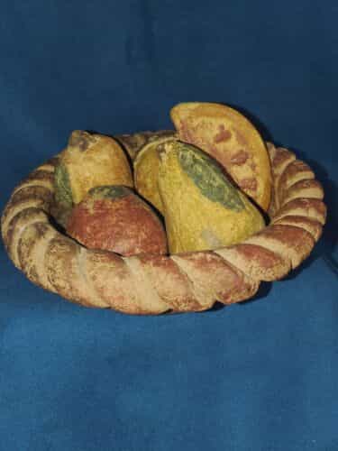 Vintage Mexican Clay Pottery Basket With Fruit