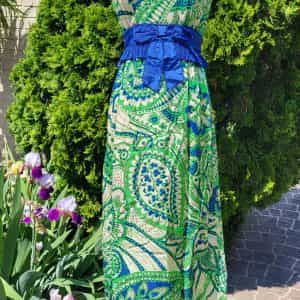 Vintage Mod Print Maxi Dress Green and Blue Handmade
