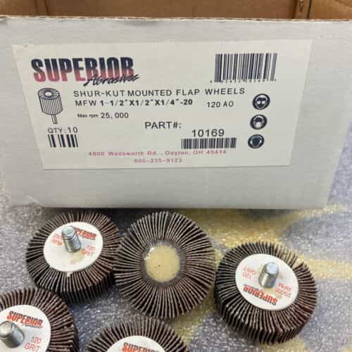 10-superior-10169-flap-wheel-mandrel-1-1-2-x-1-2-x-1-4-20-aluminum-oxide-p120