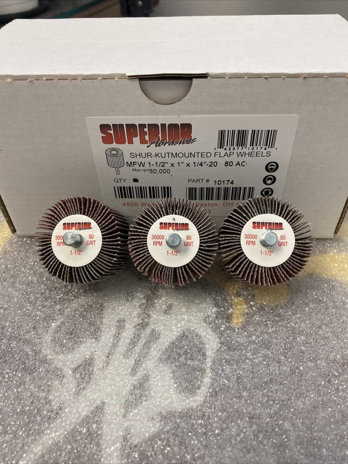 lot-of-3-superior-10174-flap-wheel-mandrel-1-1-2-x-1-x-1-4-20-p80-ao