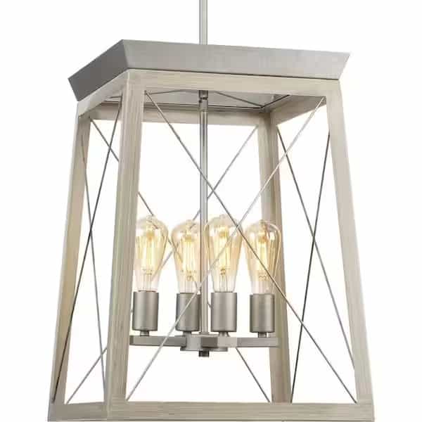 P500178-141 21 in. 4-Light Galvanized Foyer Chandelier with Painted Bleached Oak Frame