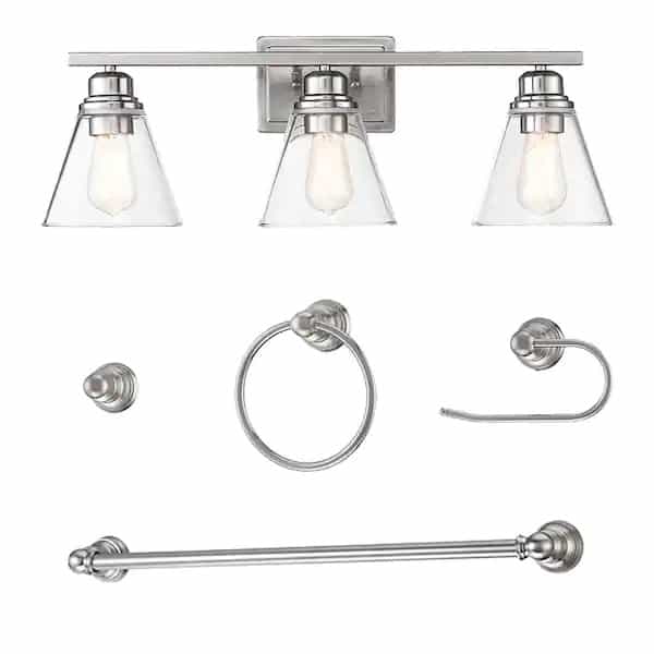 Hukoro NF81113BN 26 in. 3-Light with Brushed Nickel And Vanity Light Clear Glass Shade and Bath Set (5-Piece)