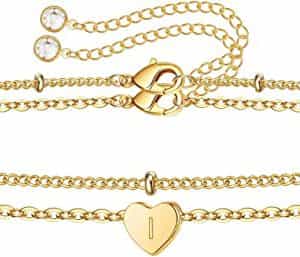 Dainty 14K Gold Filled Initial Heart Bracelet “I” for Women