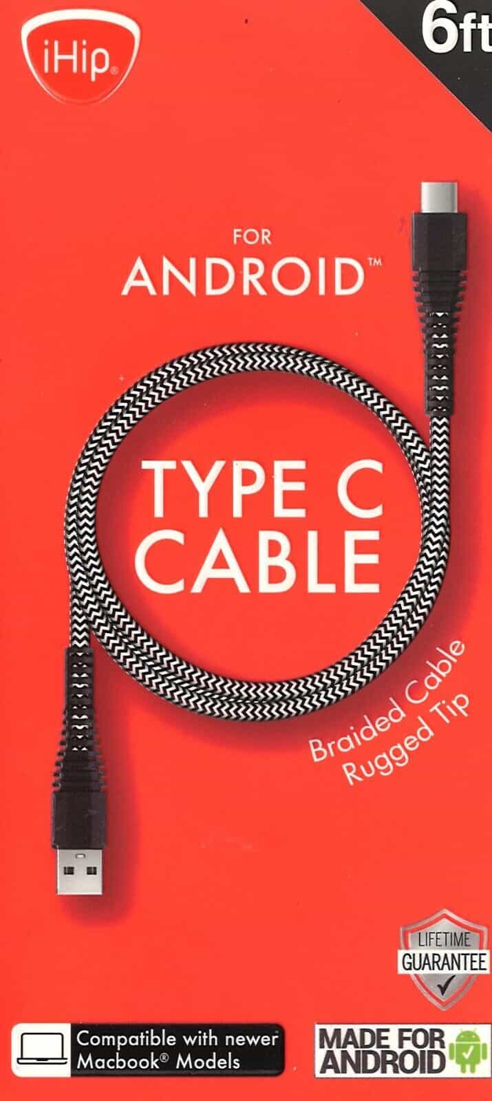 iHip USB Type-C Fast Charge Braided Cell Phone Cable for Android 6ft Brand New