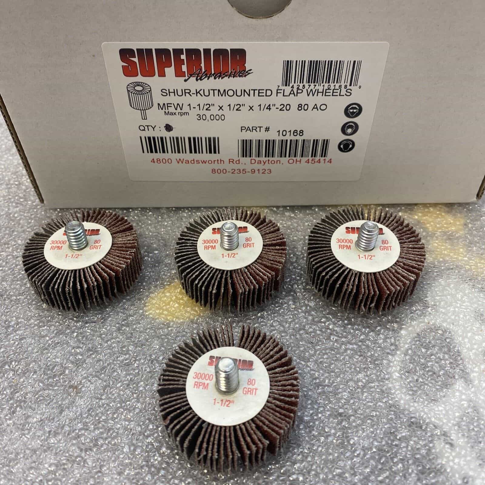 LOT OF 4 Superior 10168 Flap Wheel Mandrel 1-1/2 x 1/2 x 1/4-20 80 GRIT AO