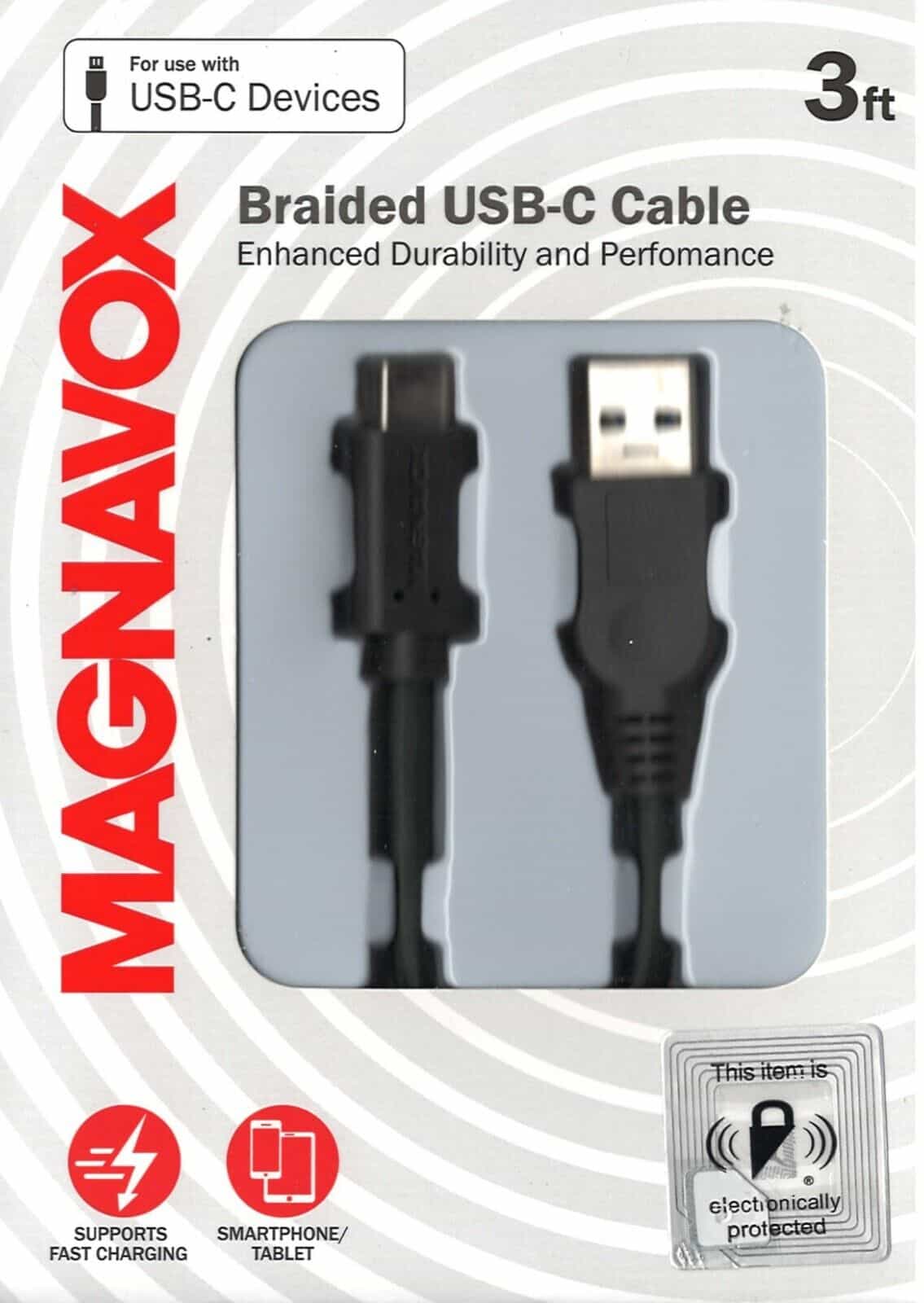 Magnavox Braided USB-C Cable 3ft For Android Phones and Tablets