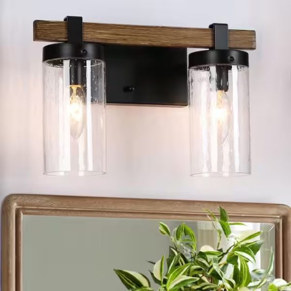 lnc-uny3arhd1391607-12-in-2-light-black-industrial-farmhouse-vanity-light-with-seeded-glass-shade-and-faux-pine-wood-accent