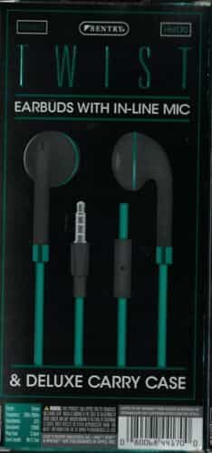 Sentry Twist Earbuds w/ Inline Mic 3.5mm Aux Connector and Carrying Case, Green