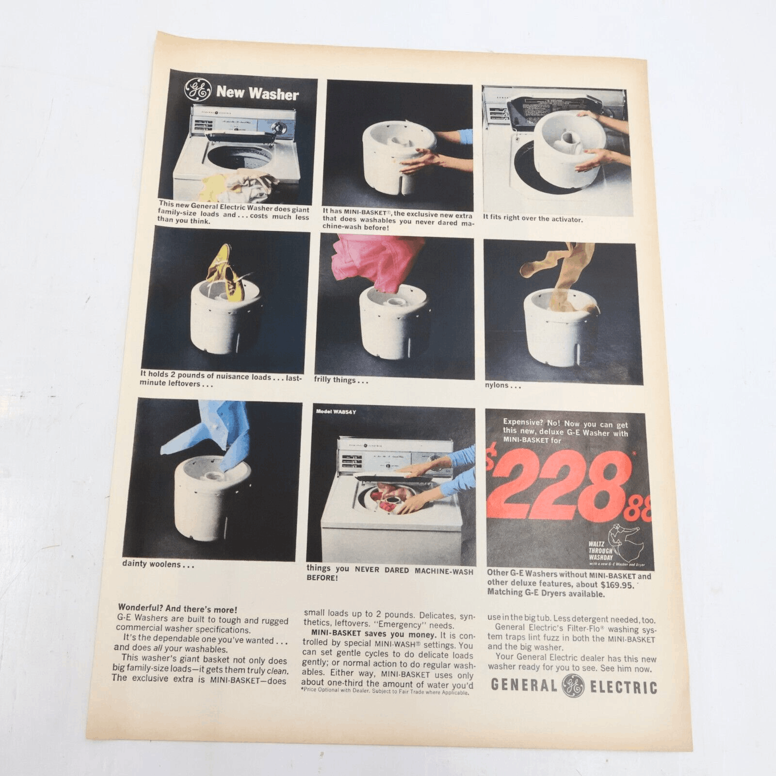 1964 General Electric Washing Machine Caprolan Nylon Carpet Print Ad 10.5×13.5