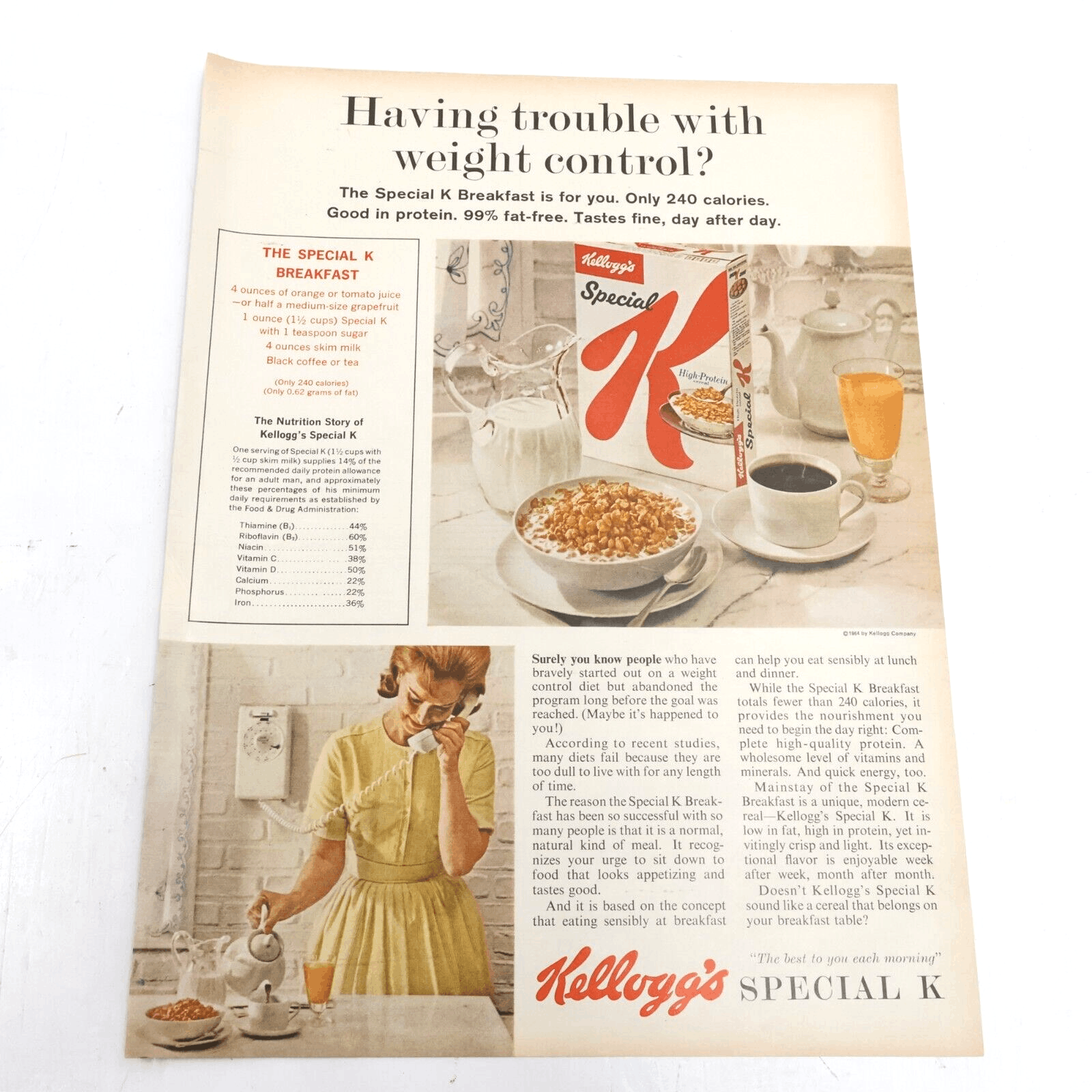 1964 Kellogg Special K  High Protein Breakfast Cereal Print Ad 10.5×13.5