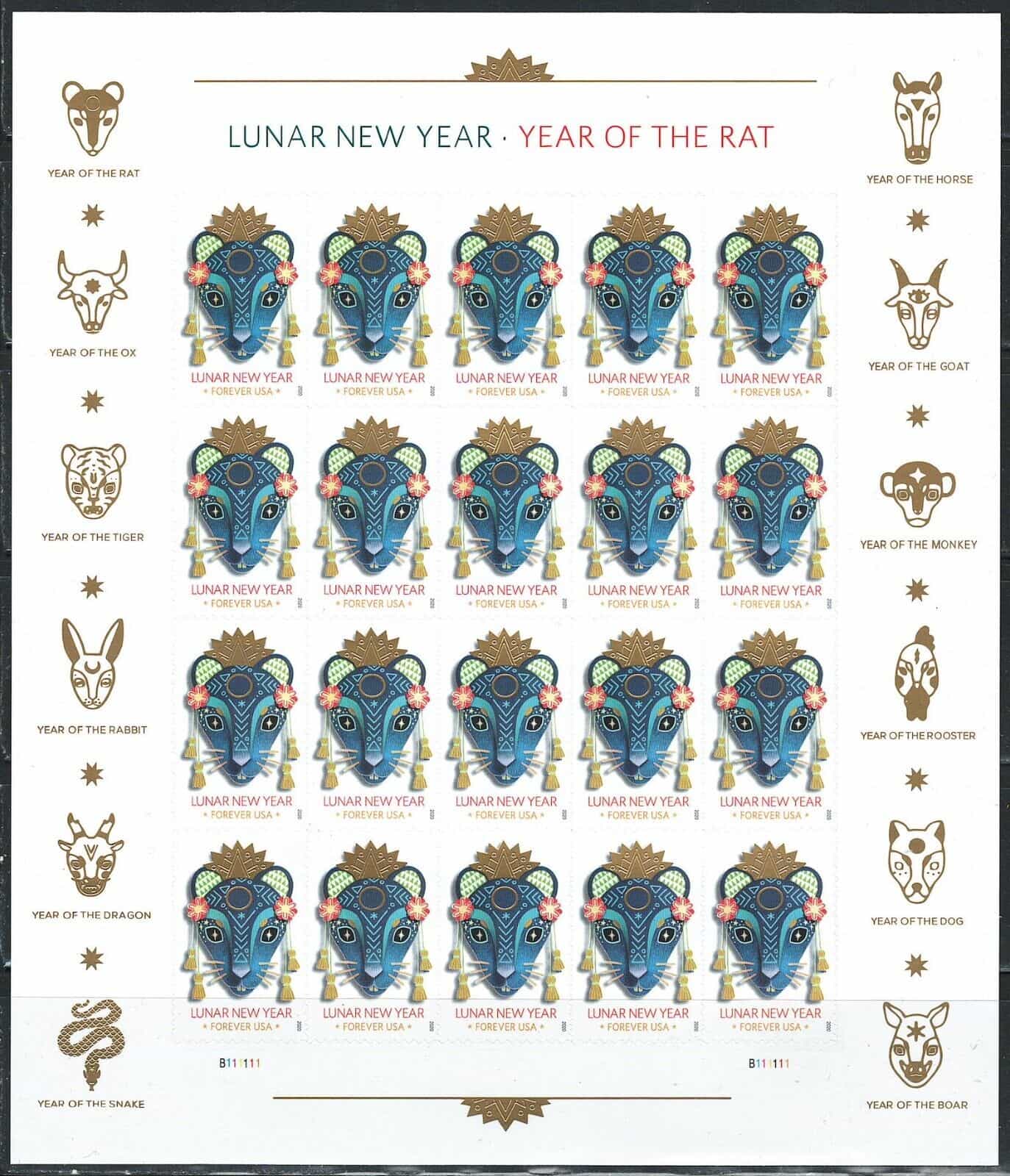 2019 Mint US Year of the Rat Pane of 20 Forever Stamps Scott# 5428 (MNH)