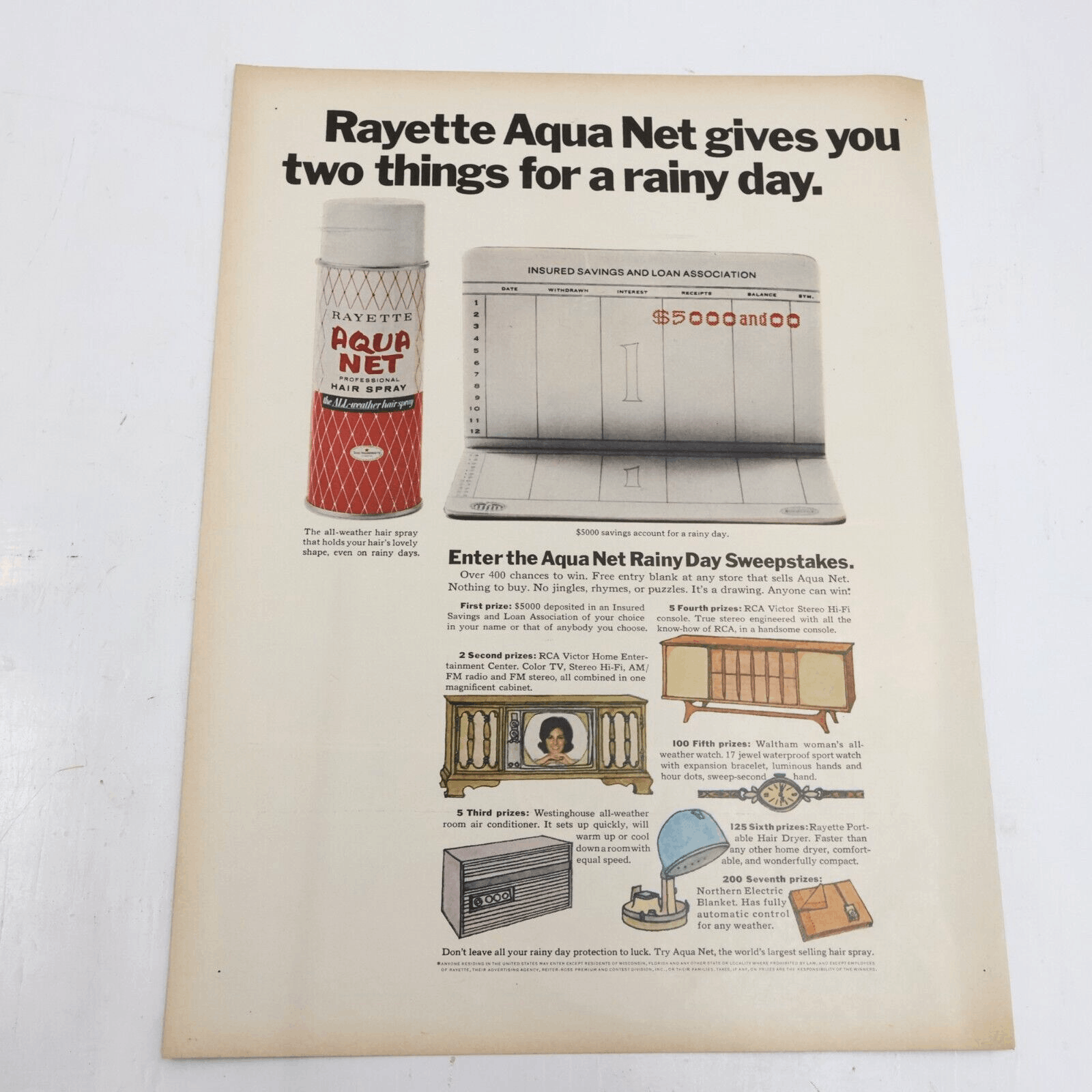 1964 Rayette Aqua Net Professional Hair Spray For a Rainy Day Print Ad  10.5x13.5