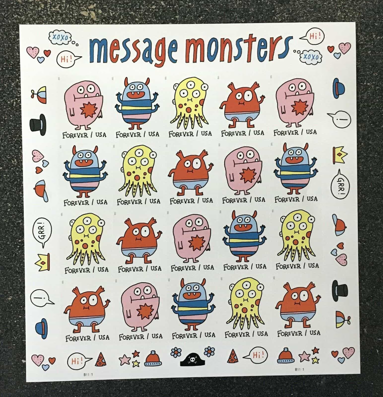 2021 USA #5636-5639 Forever Message Monsters – Sheet of 20 Stamps mint