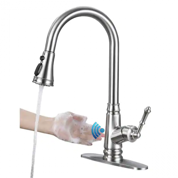 ello-allo-ekf-n-t812-touchless-single-handle-deck-mount-gooseneck-pull-down-sprayer-kitchen-faucet-with-deckplate-in-brushed-nickel