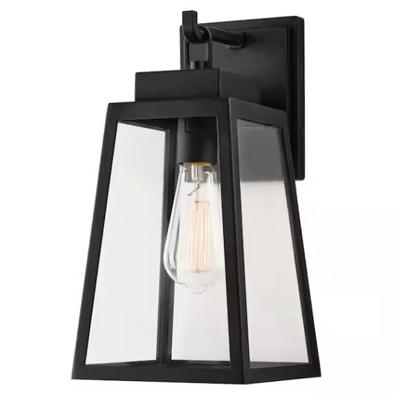 hampton-bay-w2205-21-corbin-medium-13-in-modern-1-light-black-hardwired-outdoor-tapered-wall-lantern-sconce-with-clear-glass
