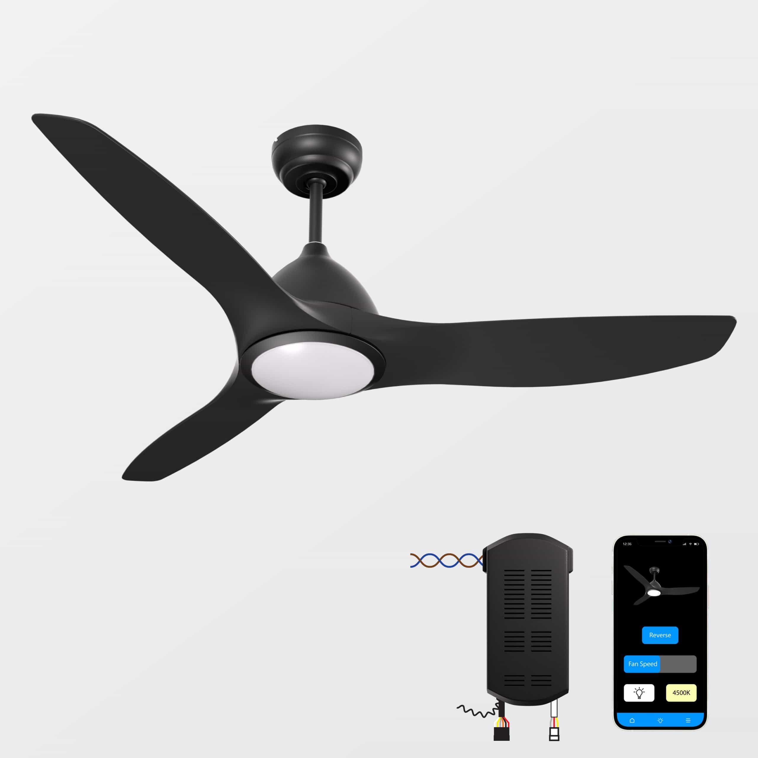 ProMounts Smart Voice Control Ceiling Fan 52-inch. 3-Blade with LED Lights and Reverse Airflow in Black (OHCF02-BR)